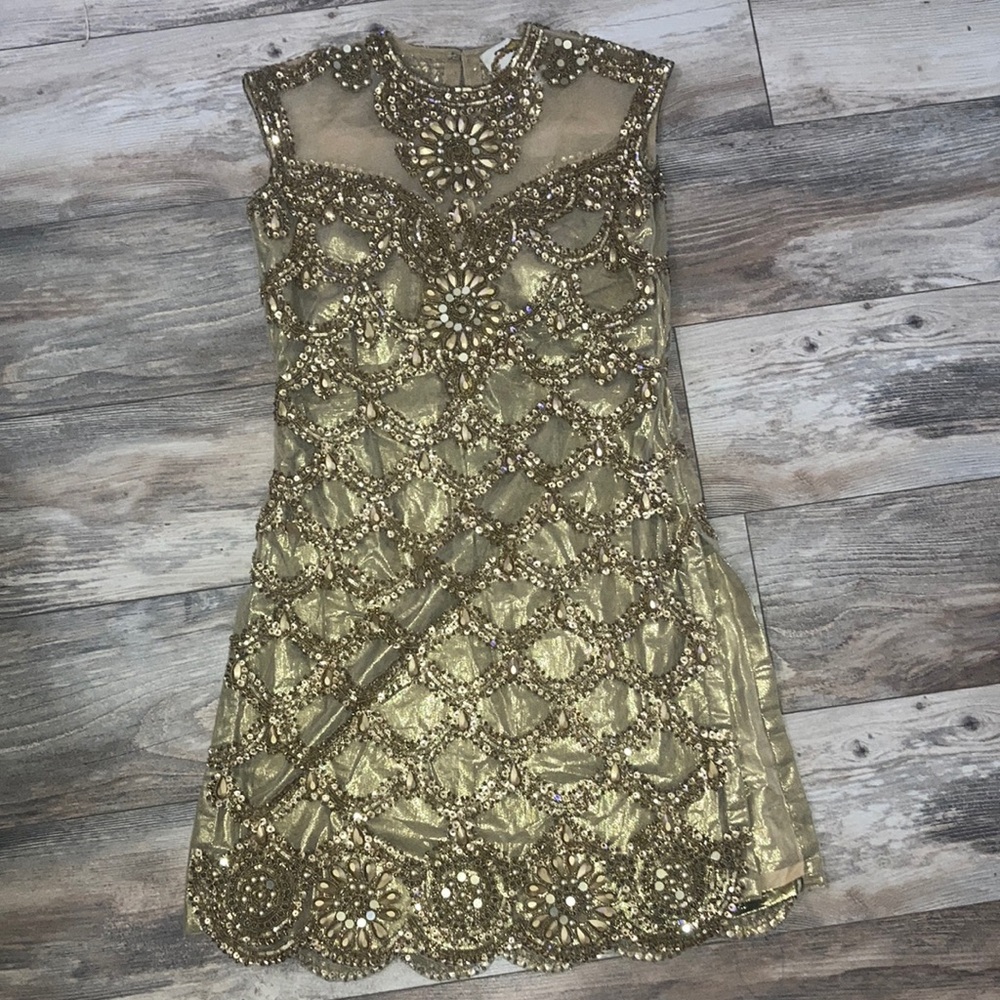 Preeti S Kapoor Gold Bejeweled Mini Dress with Double Side Slits Size 2